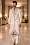 Mens Cream Brocade Sherwani 2Pc Groom Wedding Embroidered Formal Suit