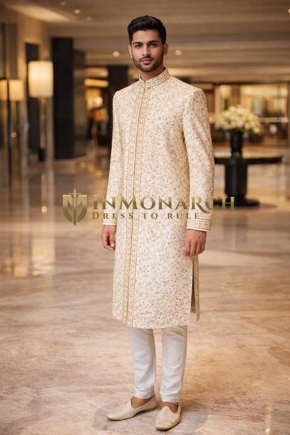 Mens Cream Brocade Sherwani 2Pc Groom Wedding Hand Embroidered Suit