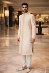 Mens Cream Brocade Sherwani 2Pc Groom Wedding Hand Embroidered Suit