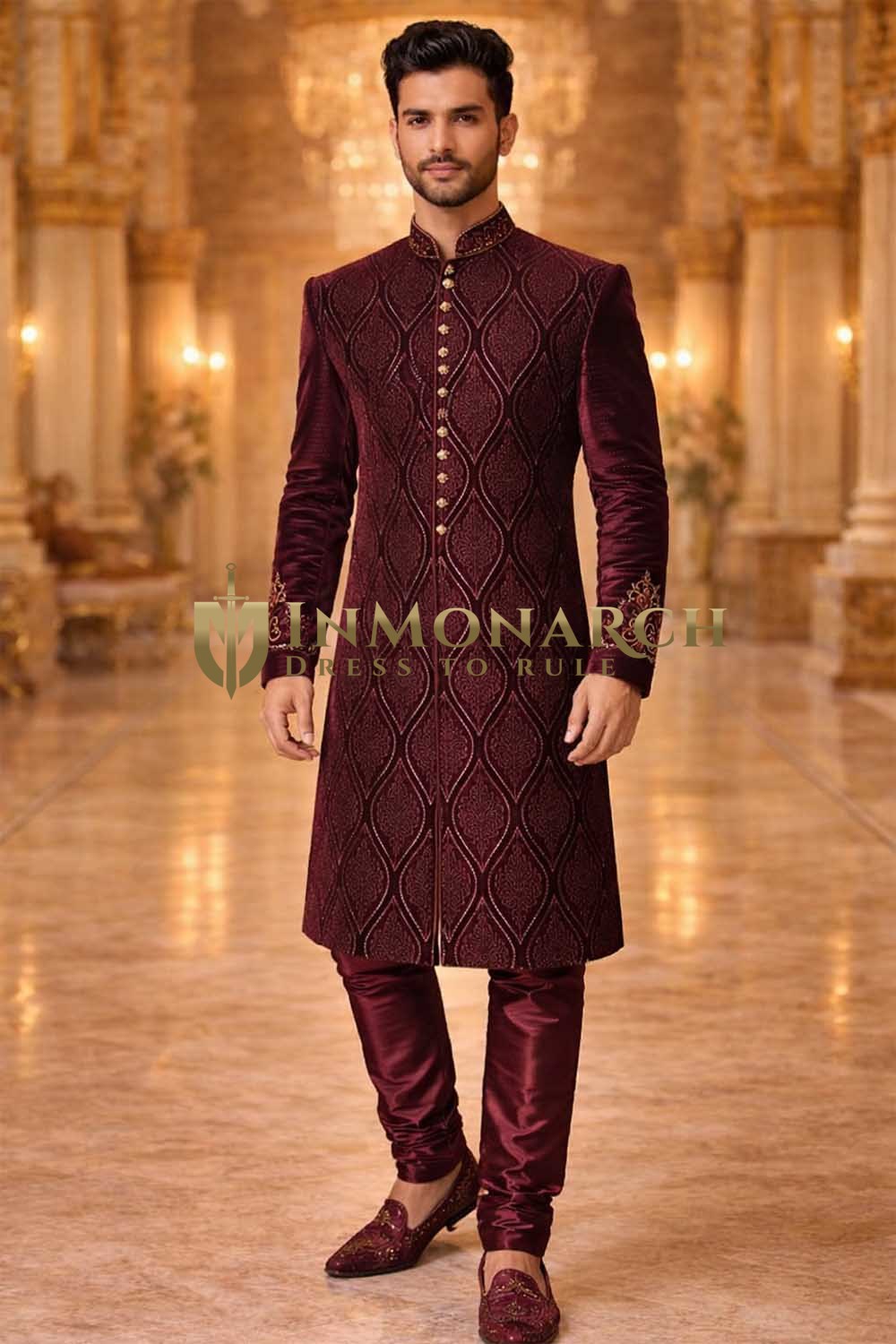 Mens Maroon Velvet Sherwani 2Pc Groom Wedding 9 Button Embroidered Suit