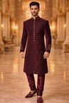 Mens Maroon Velvet Sherwani 2Pc Groom Wedding 9 Button Embroidered Suit