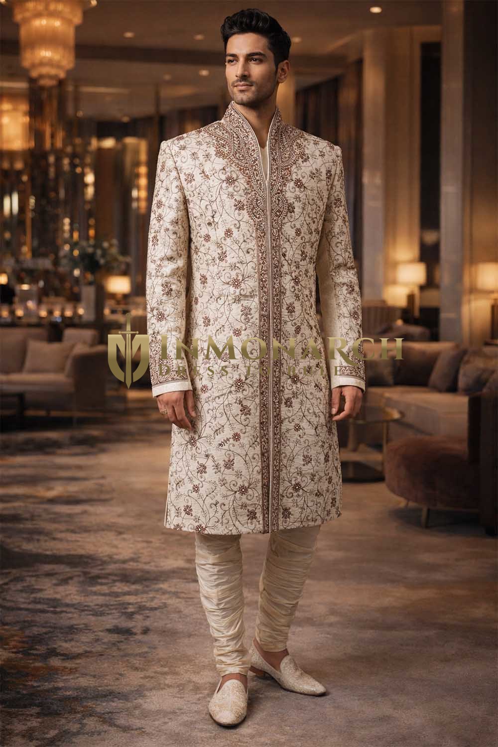 Mens Cream Dupion Silk Sherwani 2Pc Groom Wedding Embroidered Suit