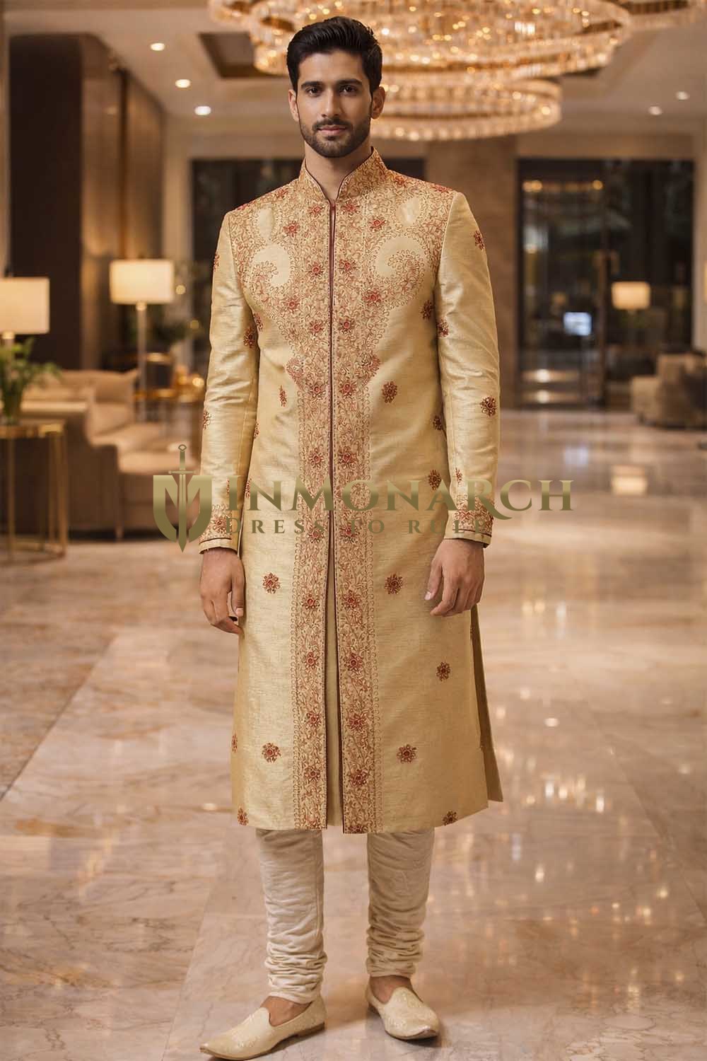 Mens Gold Dupion Silk Sherwani 2Pc Groom Wedding Concealed Button Suit