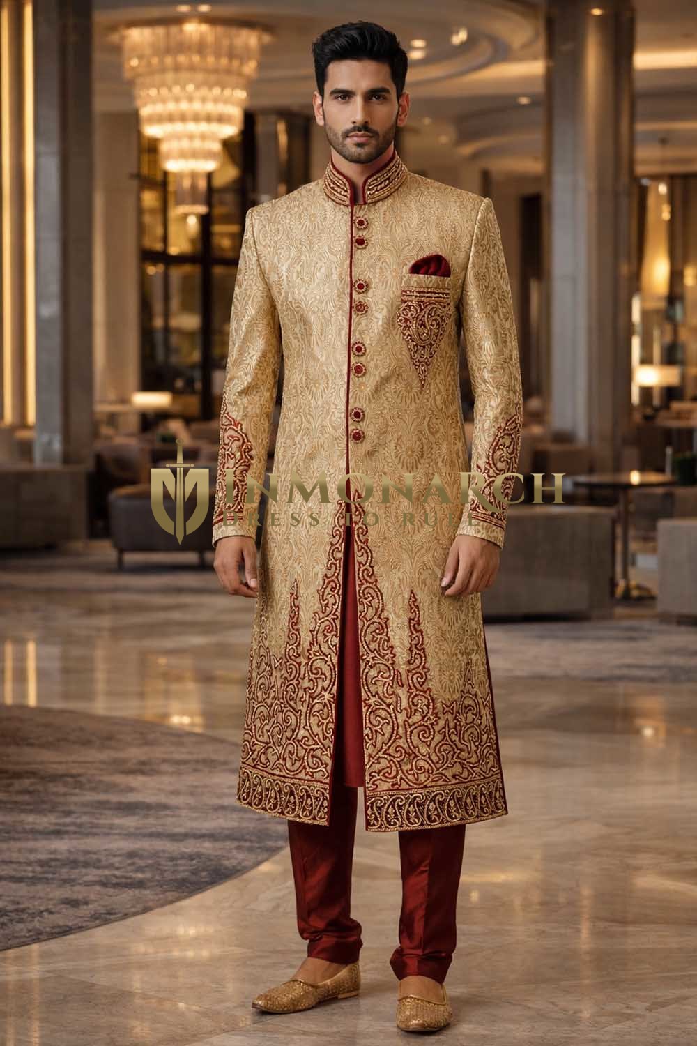 Mens Golden Beige Brocade Sherwani 3Pc Groom Wedding Embroidered Suit