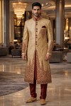 Mens Golden Beige Brocade Sherwani 3Pc Groom Wedding Embroidered Suit