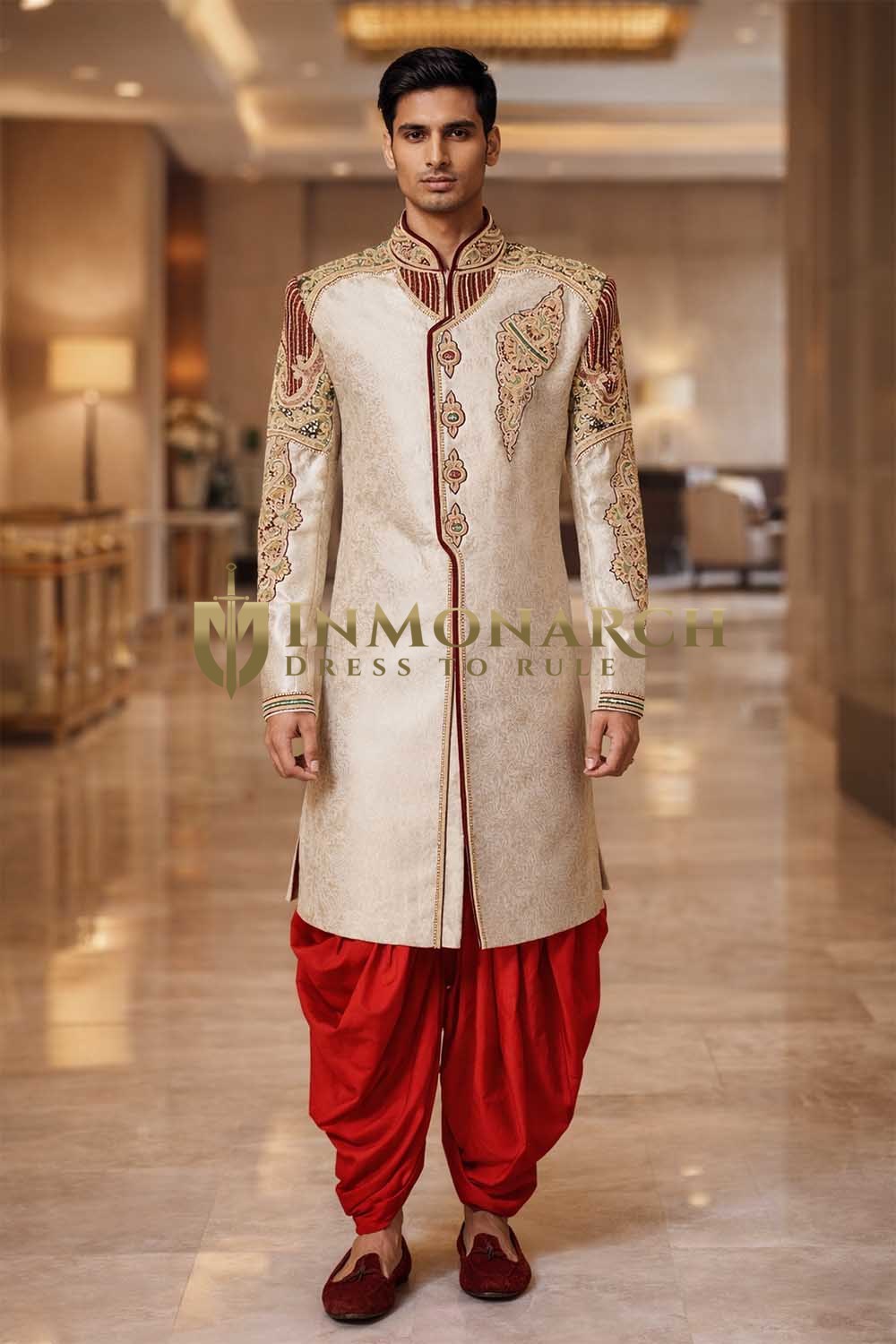 Mens Cream Jacquard Sherwani 2Pc Groom Wedding Embroidered Suit