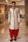 Mens Cream Jacquard Sherwani 2Pc Groom Wedding Embroidered Suit