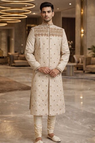 Mens Cream Brocade Sherwani 2Pc Groom Wedding Concealed Button Suit