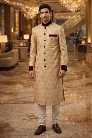 Mens Gold and Maroon Brocade Sherwani 2Pc Groom Wedding Velvet Suit