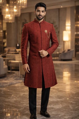 Sherwani indowestern marié motif paisley rouge
