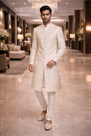 Sherwani crème mariage 7 boutons