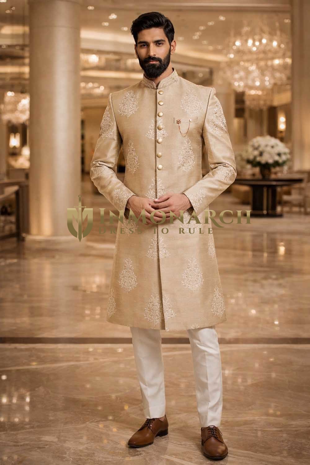 Mens Beige Indo Western Sherwani 3Pc Groom Wedding Embroidered Suit