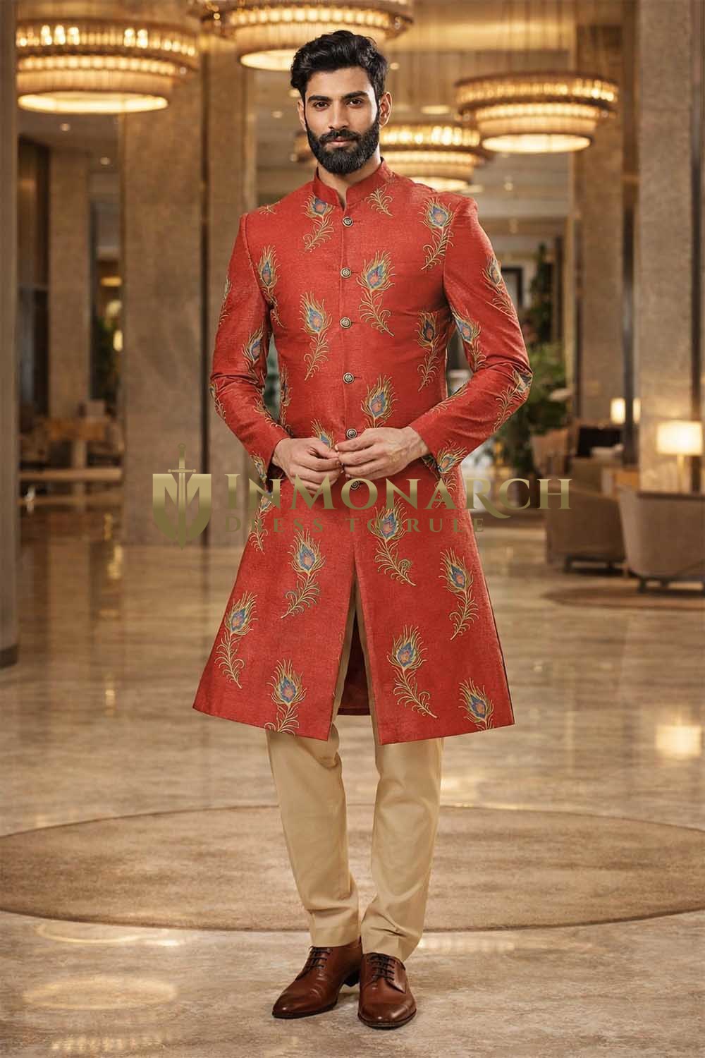Mens Red Embroidered Indo Western 2Pc Groom Wedding Designer Suit