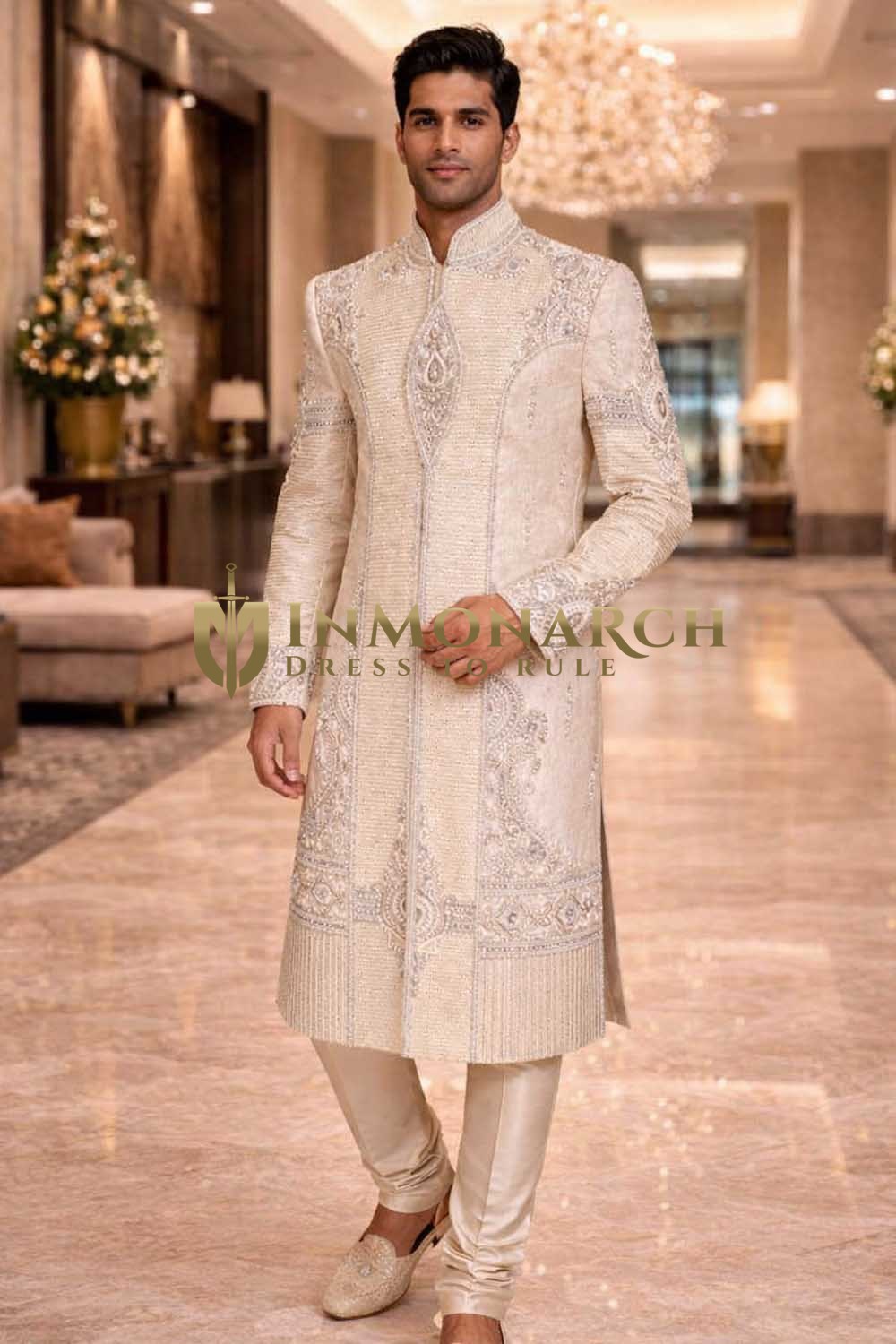Mens Cream Brocade Sherwani 2Pc Groom Wedding Pearl Embellished Suit