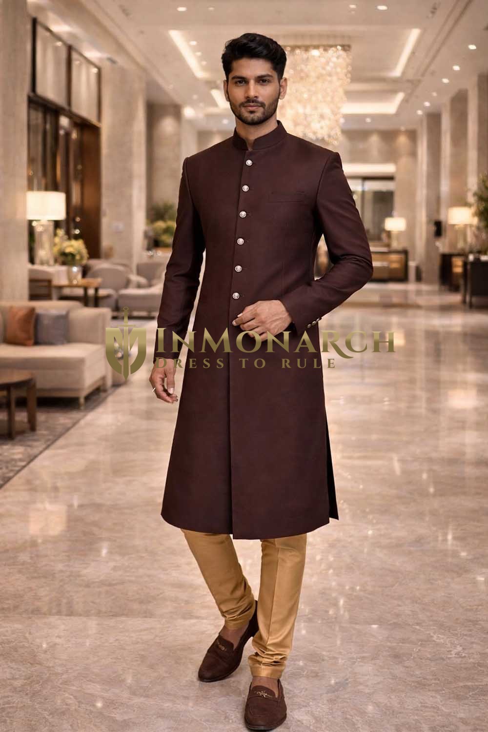 Mens Brown Traditional Sherwani 2Pc Ethnic Indian Wedding Suit