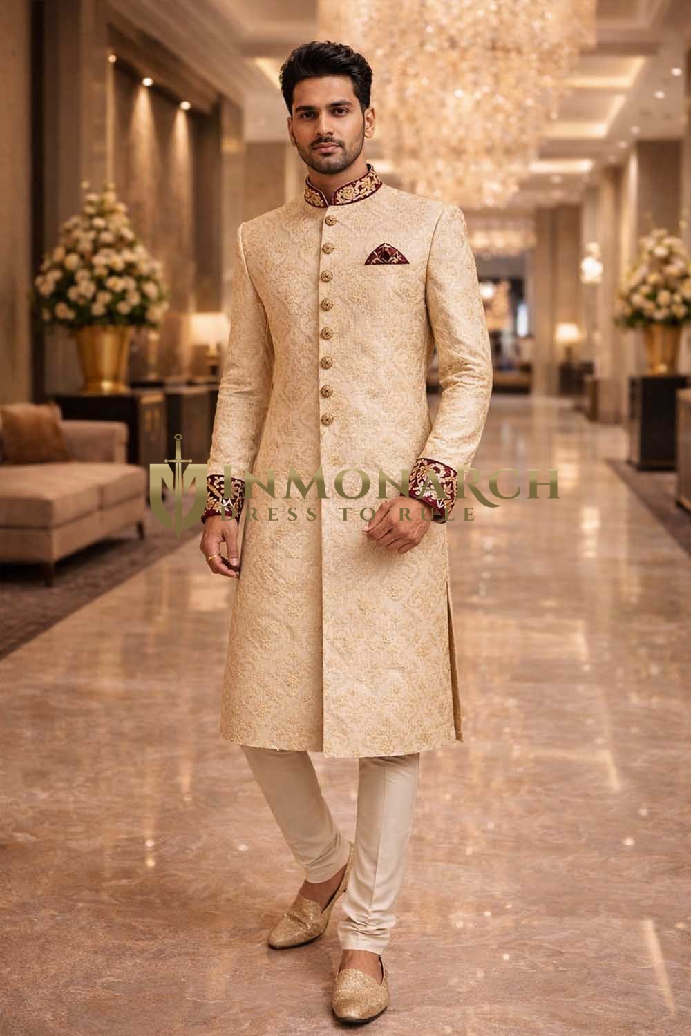 Mens Beige Dupion Silk Sherwani 2Pc Traditional Groom Wedding Suit