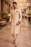 Mens Beige Dupion Silk Sherwani 2Pc Traditional Groom Wedding Suit