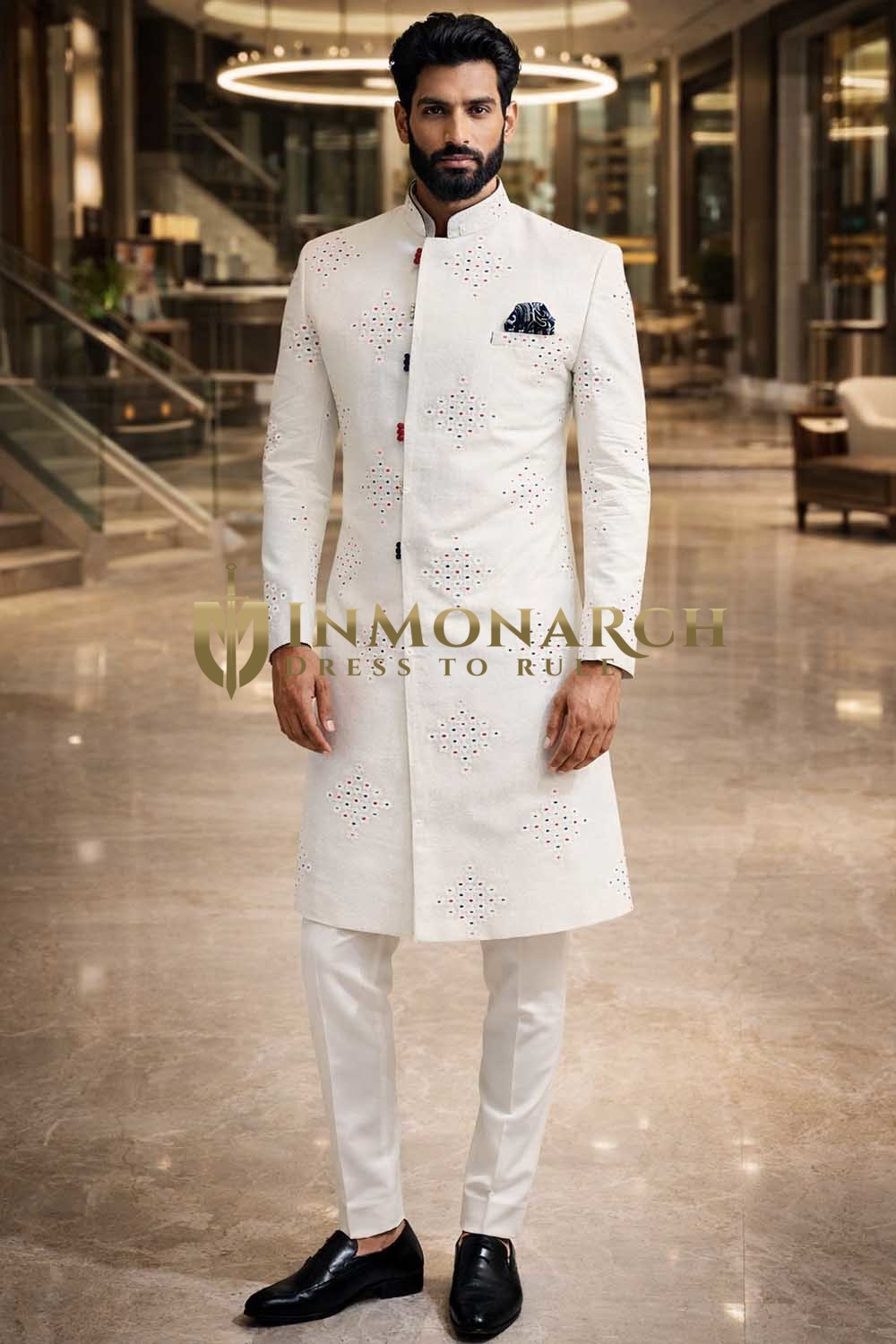 Mens White Embroidered Indo Western Sherwani 3Pc Groom Wedding Suit