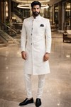 Mens White Embroidered Indo Western Sherwani 3Pc Groom Wedding Suit