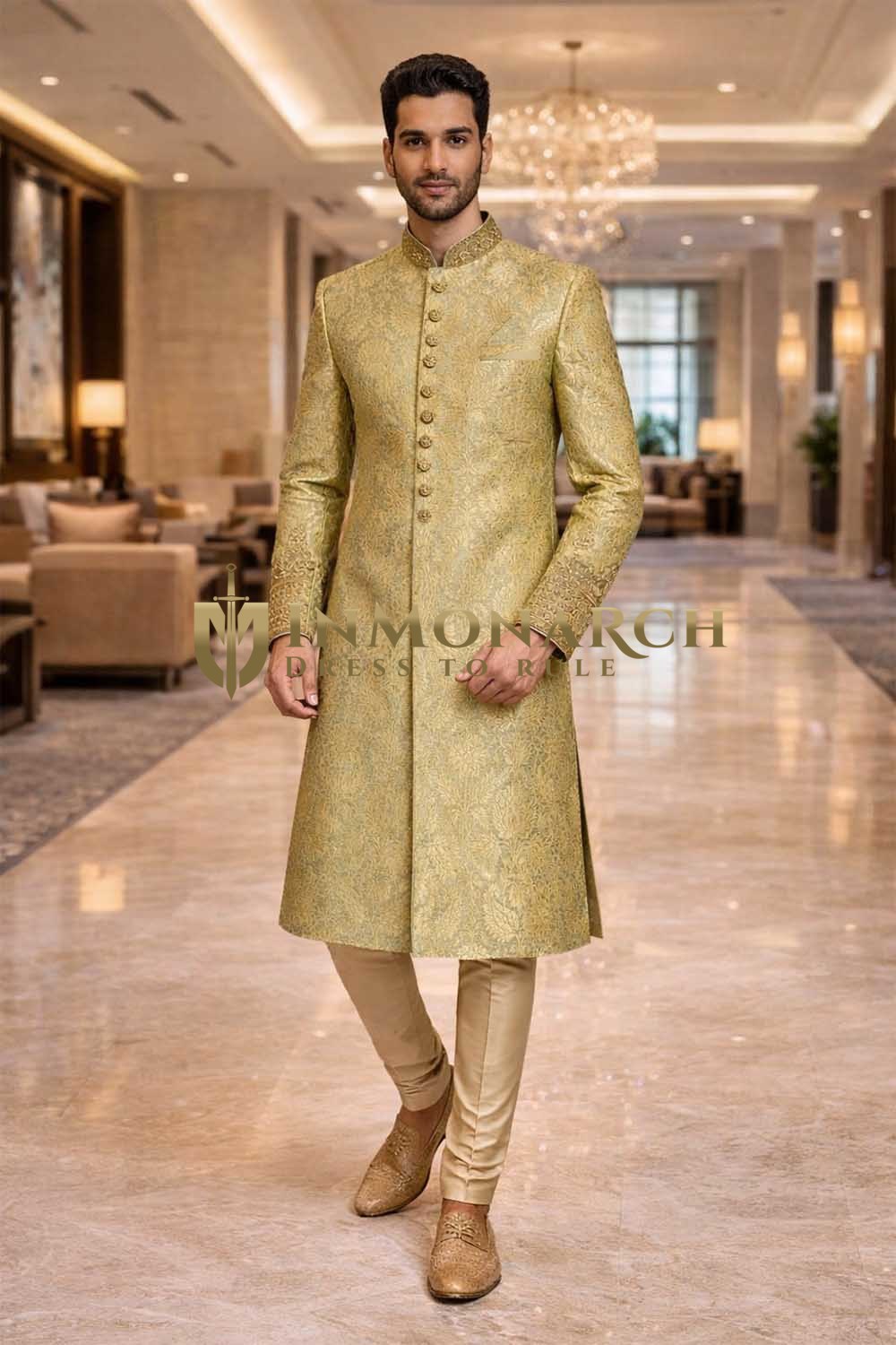 Mens Golden Brocade Wedding Sherwani 2Pc Embroidered Groom Suit