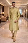 Mens Golden Brocade Wedding Sherwani 2Pc Embroidered Groom Suit