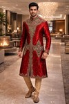 Mens Red Silk Wedding Sherwani 2Pc Hand Embroidered Groom Suit