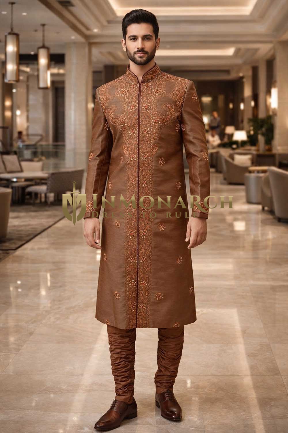 Mens Copper Dupion Silk Wedding Sherwani 2Pc Embroidered Groom Suit