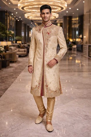 Sherwani beige brodé et orné de diamants
