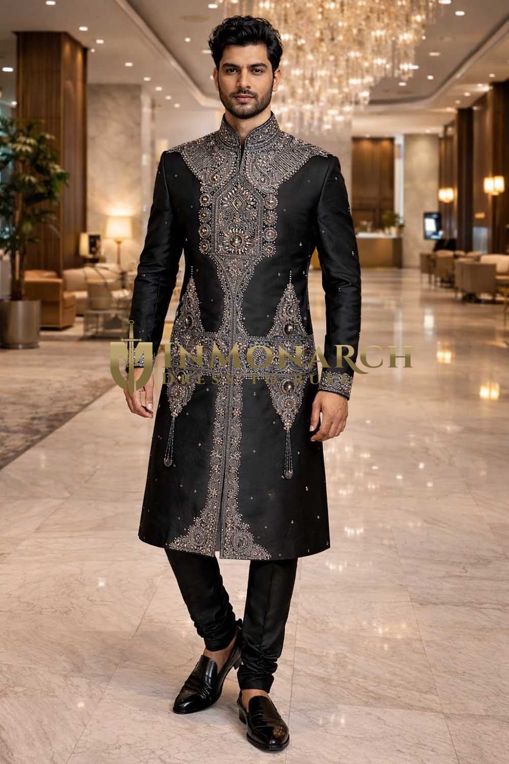 Black Dupion Silk Wedding Sherwani 2Pc Heavy Embroidered Groom Suit