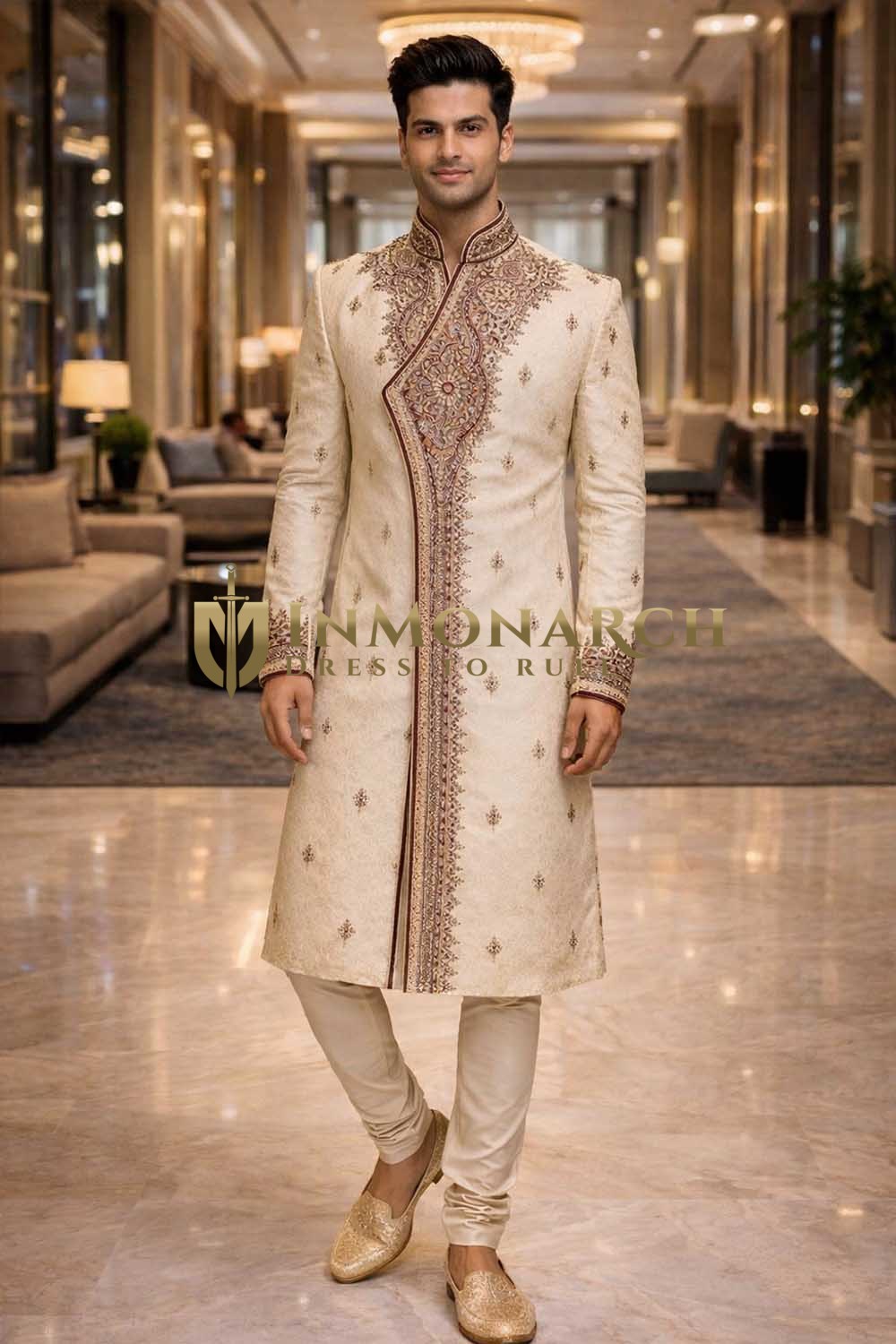 Royal Beige Brocade Wedding Sherwani 4Pc Heavy Embroidered Groom Set