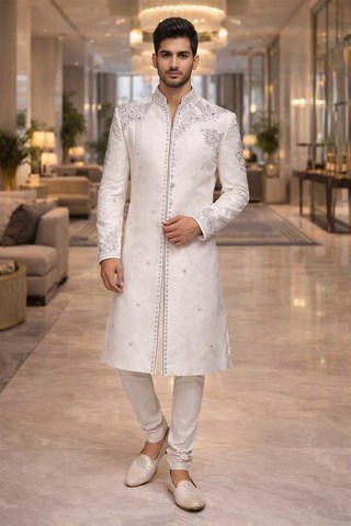 White Brocade Designer Wedding Sherwani 2Pc with White Chudidar