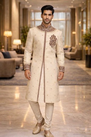 Sherwani crema real bordado a mano