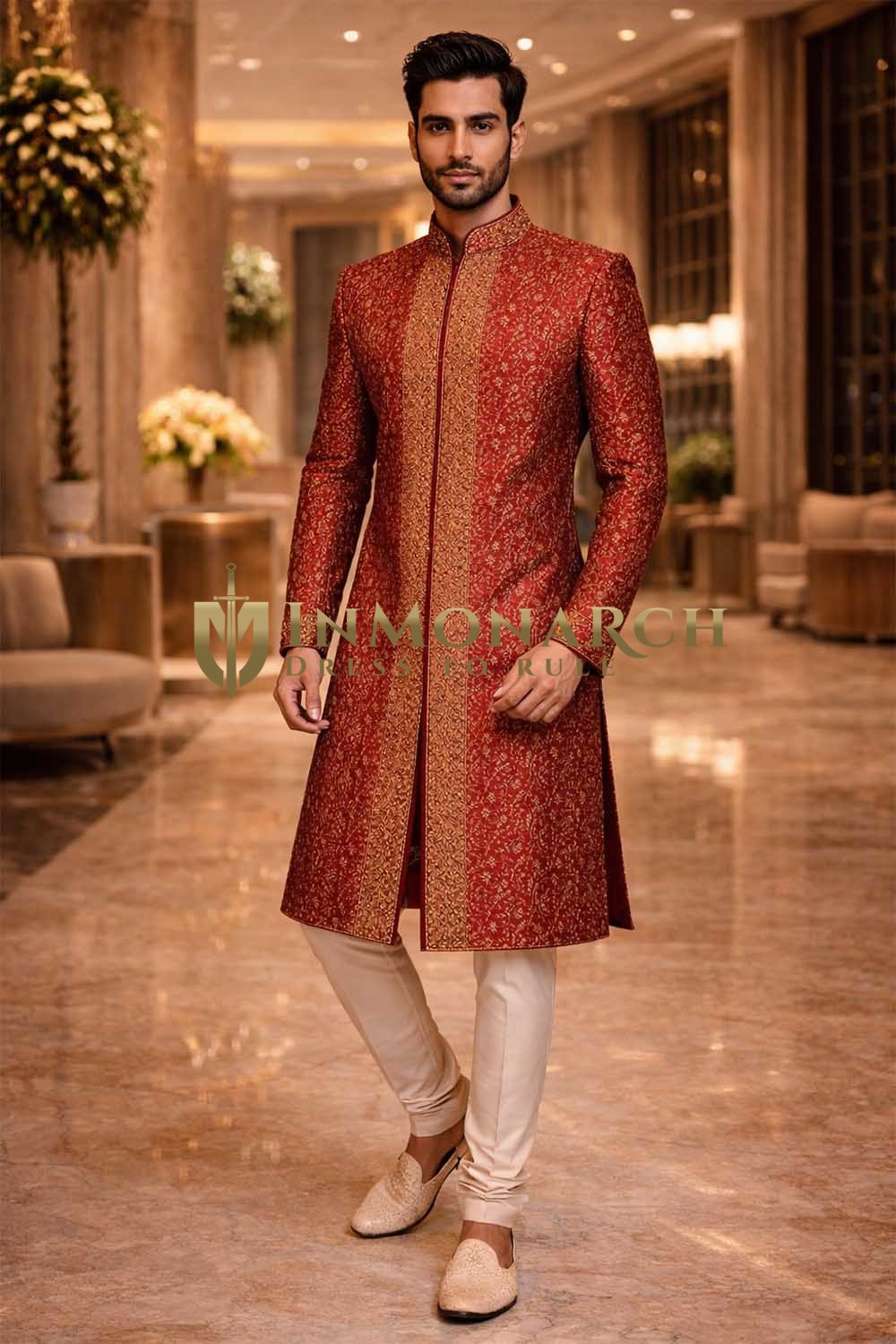 Rajashahi Sherwani rot gold mit Stickerei