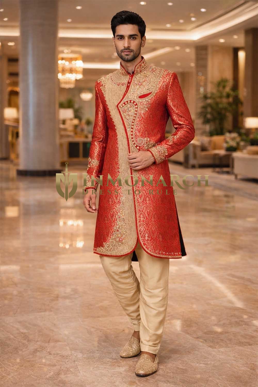 Mens Red 2 Piece Sherwani for Groom Wedding Embroidered Regal Attire
