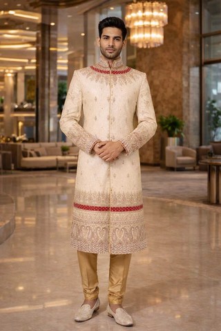 Sherwani marié beige et bordeaux