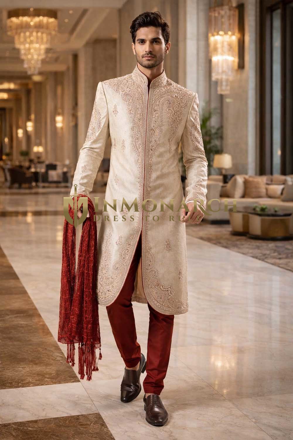 Mens Light Beige 3 Piece Sherwani for Groom Wedding Embroidered Royal Wear
