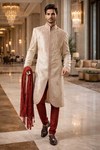 Mens Light Beige 3 Piece Sherwani for Groom Wedding Embroidered Royal Wear