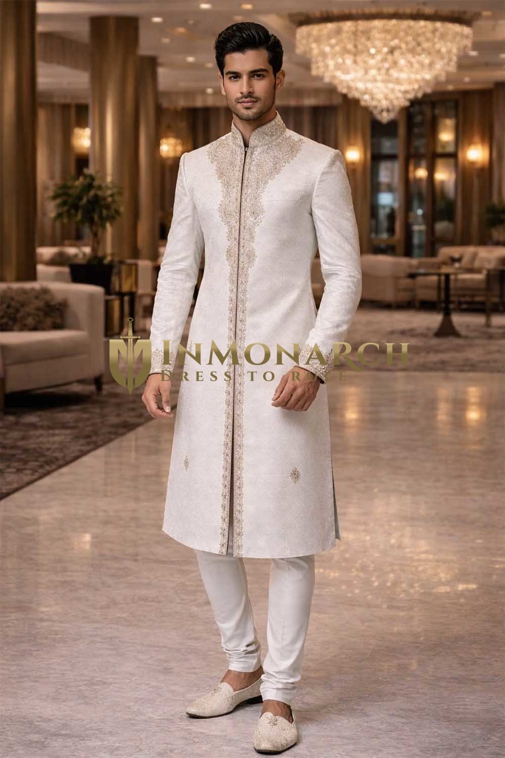 Sherwani boda moderno color crema