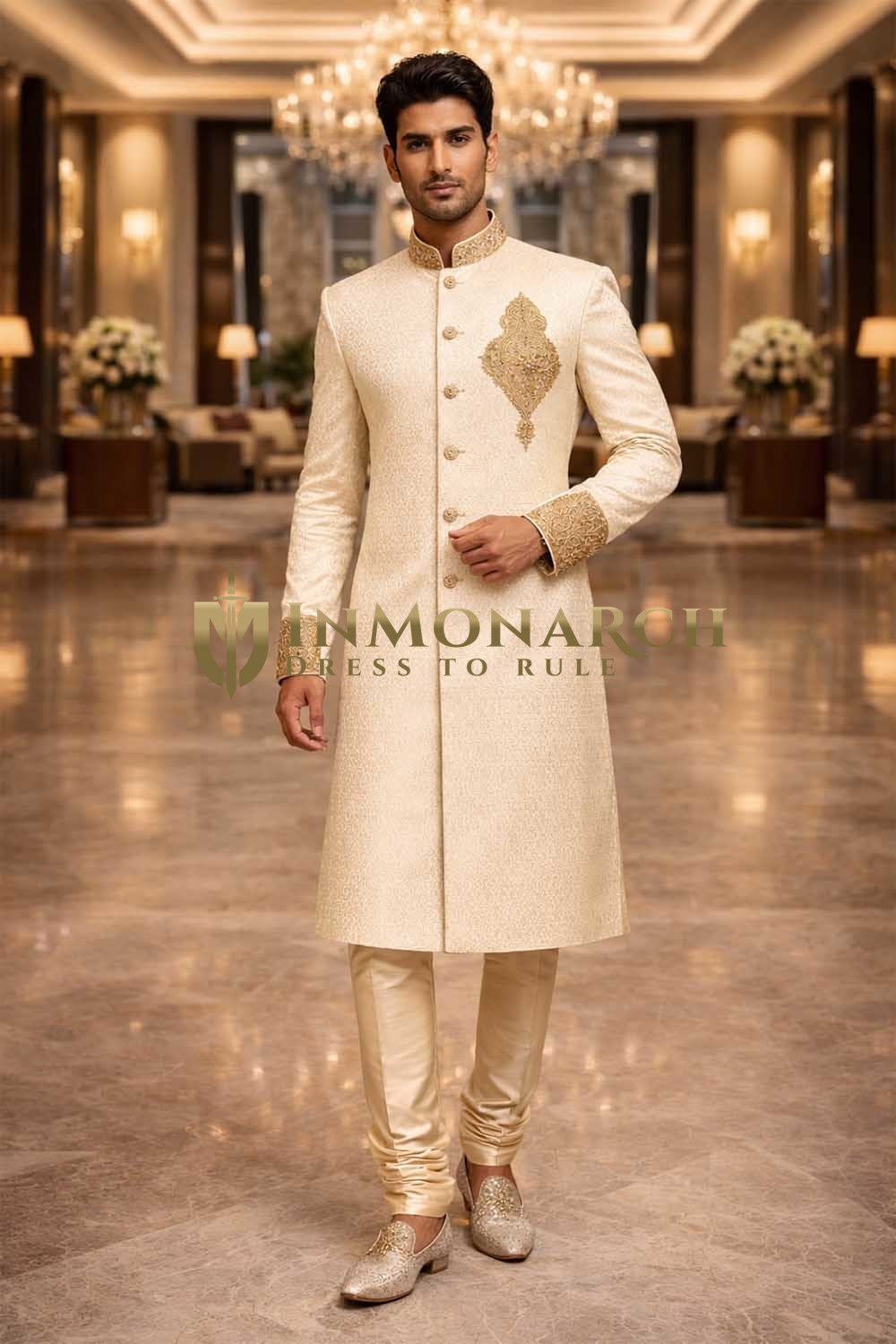 Mens Beige 2 Piece Sherwani for Groom Wedding Embroidered Classic Wear