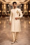 Mens Beige 2 Piece Sherwani for Groom Wedding Embroidered Classic Wear