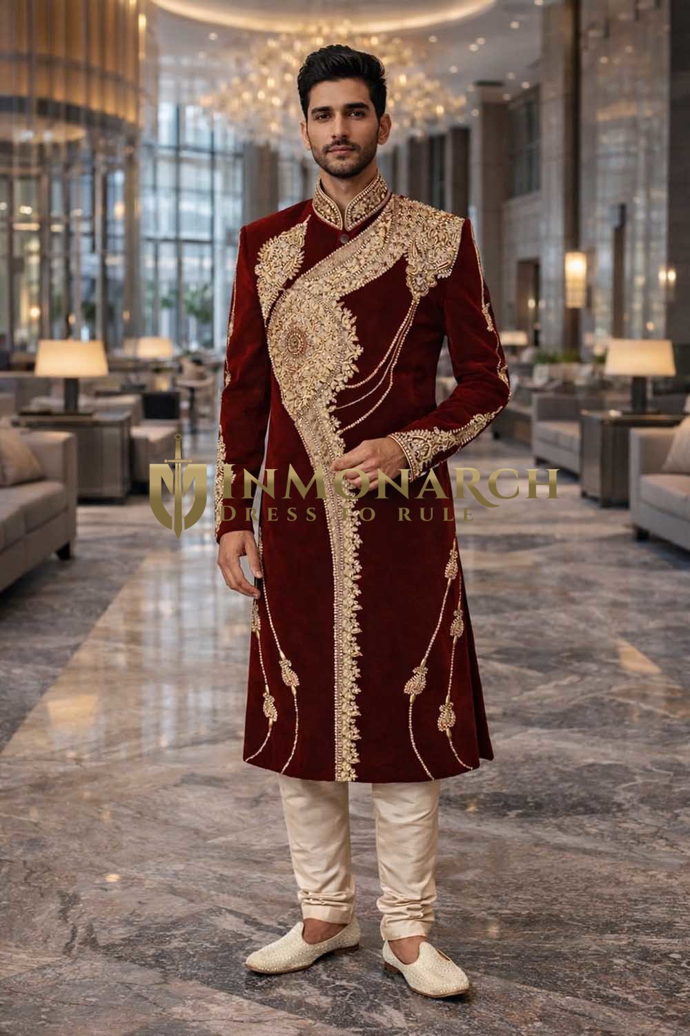 Mens Maroon 2 Piece Sherwani for Groom Wedding Embroidered Royal Wear