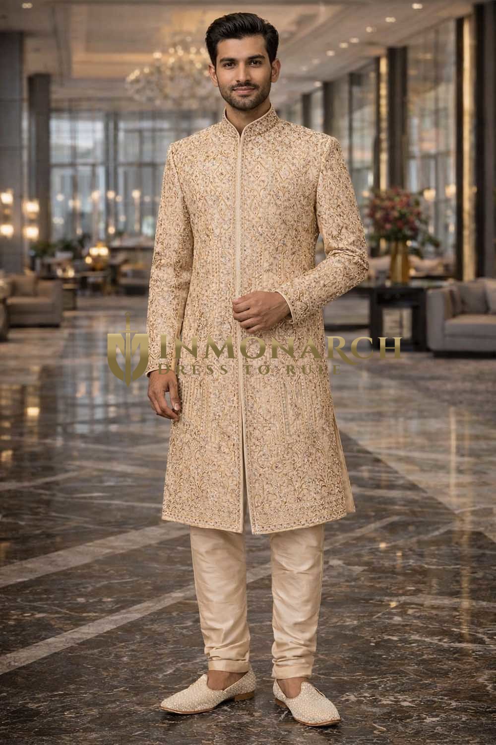 Mens Beige 2 Piece Sherwani for Groom Wedding Embroidered Elegant Wear
