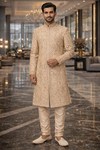 Mens Beige 2 Piece Sherwani for Groom Wedding Embroidered Elegant Wear