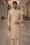 Mens Beige 2 Piece Sherwani for Groom Wedding Embroidered Designer Wear