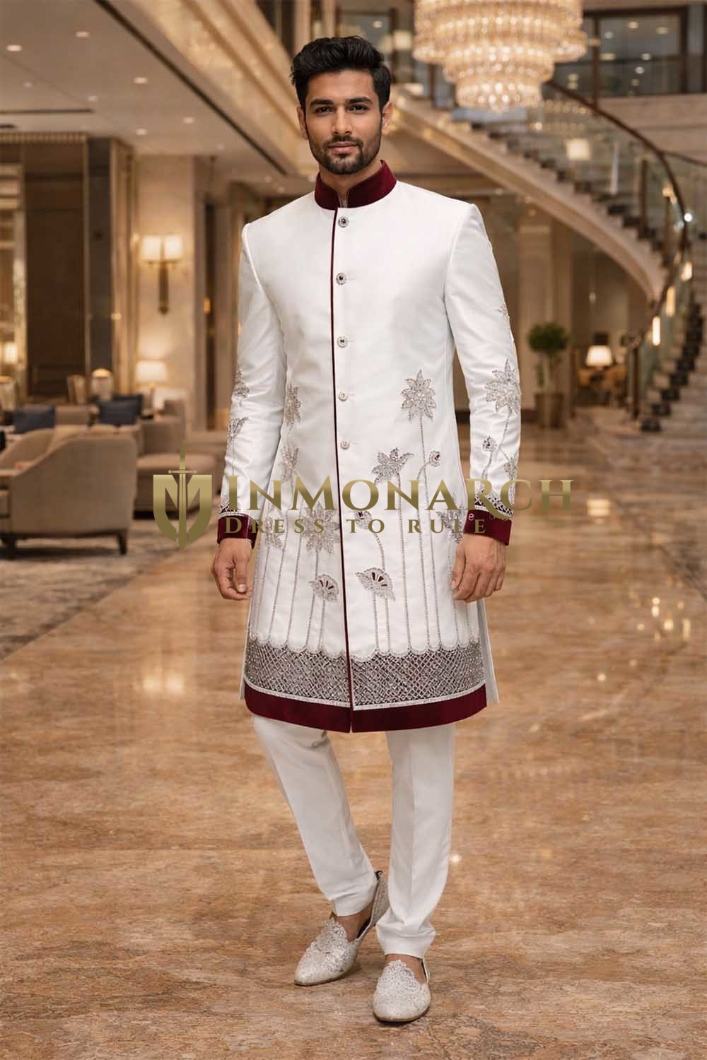Mens White 2 Piece Sherwani for Groom Wedding Embroidered Modern Wear