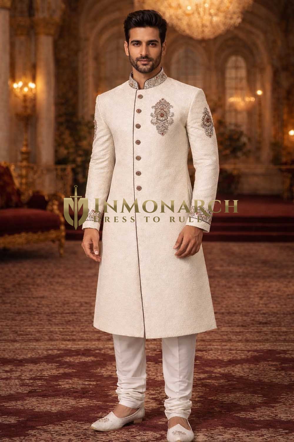 Exklusiver weißer Hochzeits-Sherwani mit Stickerei