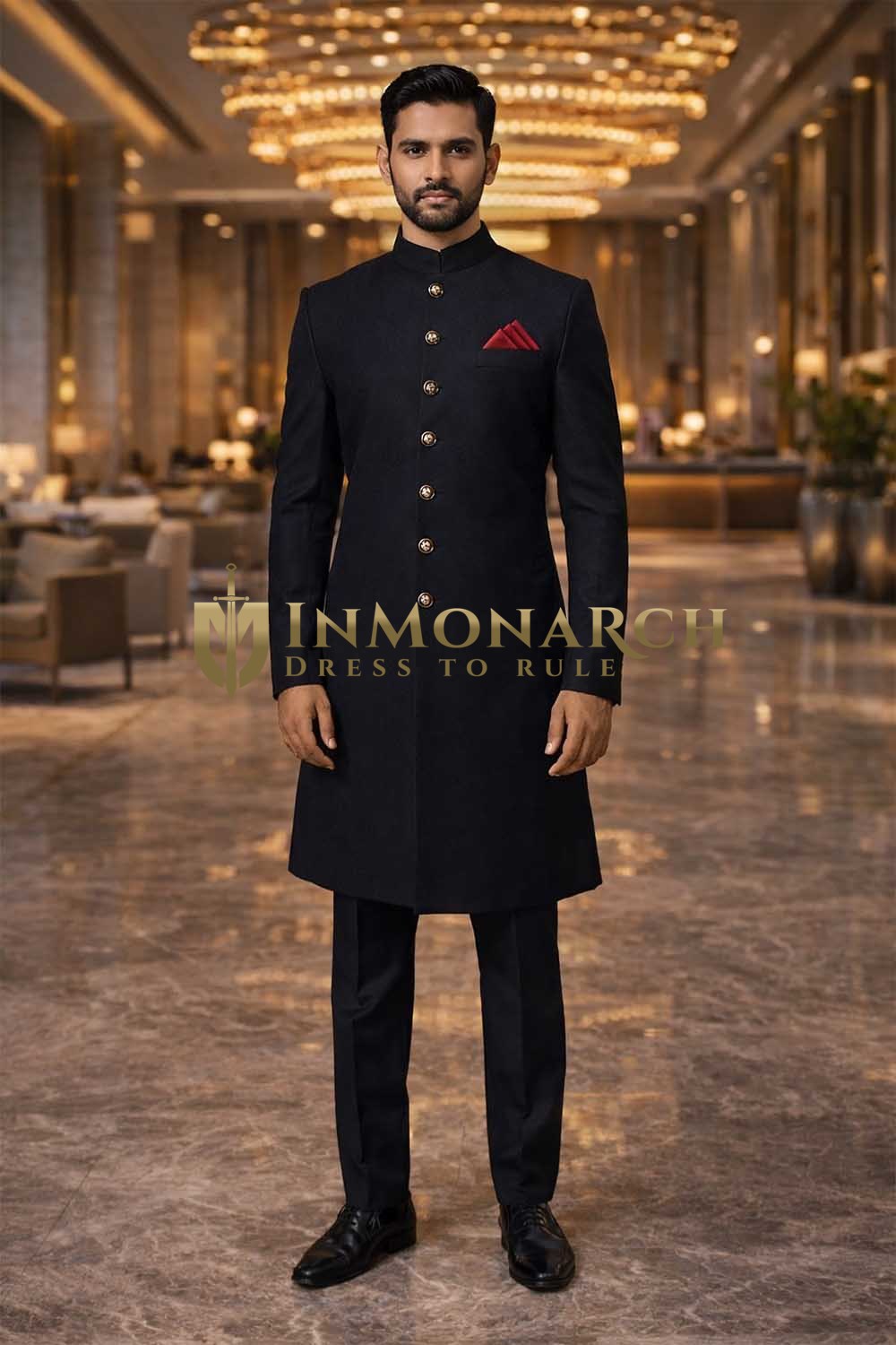 Mens Black 3 Pc Sherwani for Groom Wedding Designer Formal Outfit Wear