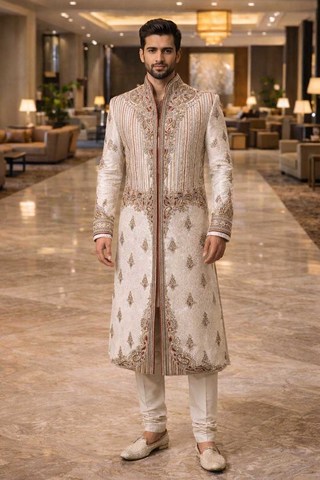 Sherwani con cuello alto y calado