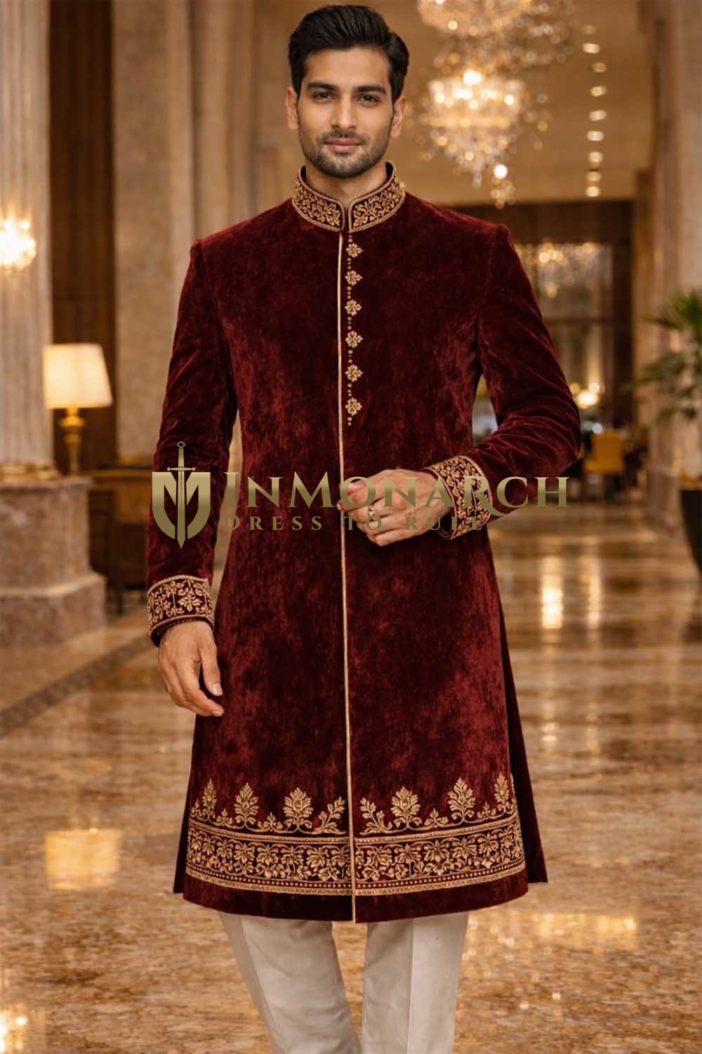 Sherwani de boda real burdeos