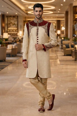 Sherwani indo occidental dorado festivo